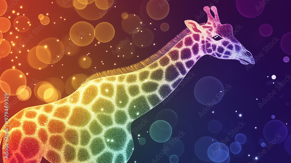 Rainbow colored giraffe looking up with bokeh lights background Rainbow colored giraffe looking up with bokeh lights background