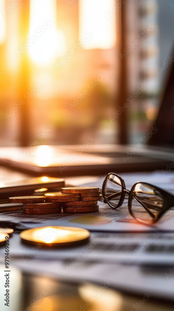 A warm sunset illuminates a workspace with glasses, coins, and documents, creating a serene atmosphere for productivity. A warm sunset illuminates a workspace with glasses, coins, and documents, creating a serene atmosphere for productivity.