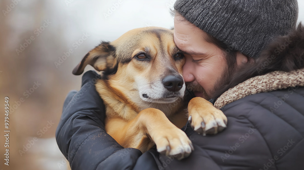 Man is embracing his beloved dog on a cold day Man is embracing his beloved dog on a cold day