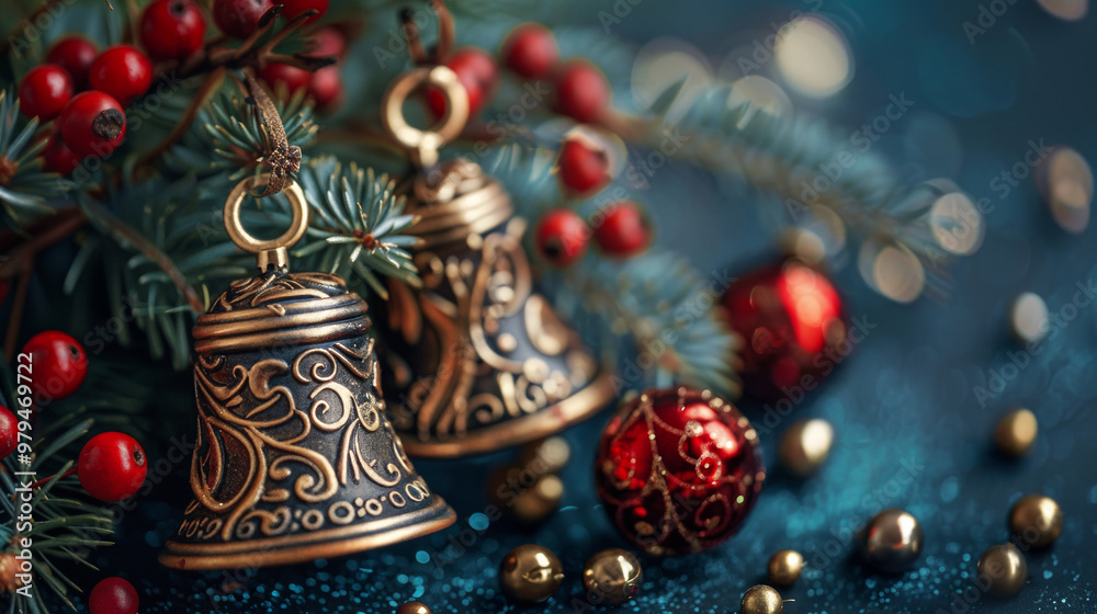 Close-up of handmade Christmas bells hanging from a branch adorned with red berries and evergreen needles, evoking a warm and festive holiday atmosphere. Winter christmas background Close-up of handmade Christmas bells hanging from a branch adorned with red berries and evergreen needles, evoking a warm and festive holiday atmosphere. Winter christmas background