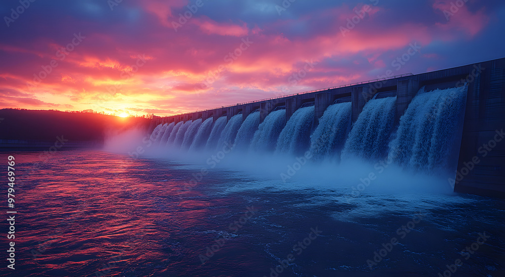 “A Wide-Angle View of the Expansive Dam at Sunrise, Capturing the Majestic Scale and Serene Atmosphere of the Early Morning Light Reflecting on the Water Surface, Ideal for Showcasing Natural Landscap “A Wide-Angle View of the Expansive Dam at Sunrise, Capturing the Majestic Scale and Serene Atmosphere of the Early Morning Light Reflecting on the Water Surface, Ideal for Showcasing Natural Landscap