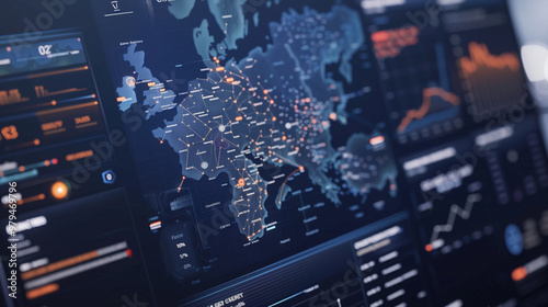Futuristic digital interface with real-time crime prediction data, map highlighting high-risk areas and crime trends, clean dark background emphasizing advanced technology.