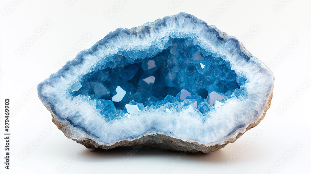Large celestite geode crystal specimen showing vivid blue interior crystals Large celestite geode crystal specimen showing vivid blue interior crystals