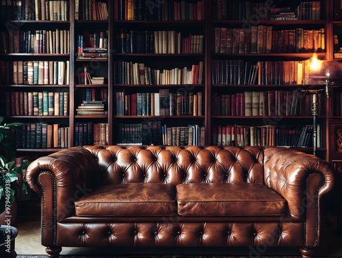 Vintage Leather Sofa in a Library with Bookshelves
