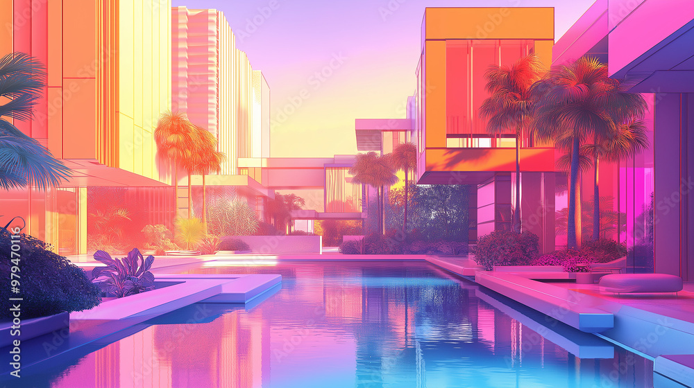 Fototapeta premium Modern minimalist architecture reflecting in luxurious pool at sunset