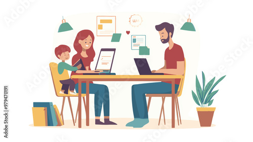 Prin
Homeschool or online education. Mother with daughter sitting in front of laptop learning. Flat vector illustration. Pro Vector