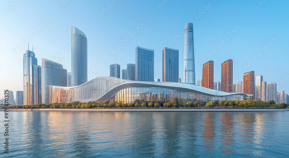 Obraz premium Modern city skyline reflecting in calm river at daytime