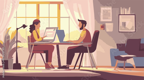 Prin
Homeschool or online education. Mother with daughter sitting in front of laptop learning. Flat vector illustration. Pro Vector