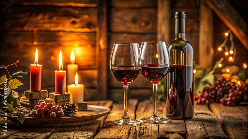 Elegant wine glasses and a richly filled wine bottle sit on a rustic wooden table amidst a warm and inviting candlelit ambiance. Elegant wine glasses and a richly filled wine bottle sit on a rustic wooden table amidst a warm and inviting candlelit ambiance.