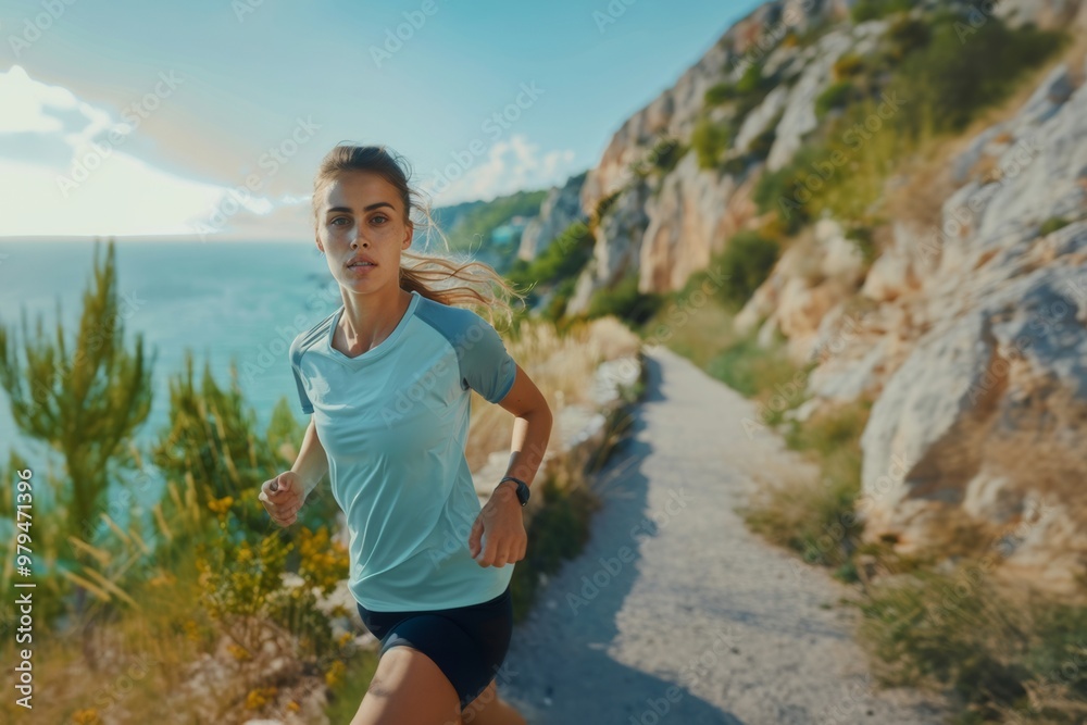 Young woman races inspired beauty and tranquility of mediterranean. She embraces day filled wellness and enthusiasm beach. Metaphor life's adventure and determination reflected her jog. Young woman races inspired beauty and tranquility of mediterranean. She embraces day filled wellness and enthusiasm beach. Metaphor life's adventure and determination reflected her jog.