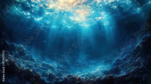 Serene underwater scene with light rays illuminating the ocean depths.