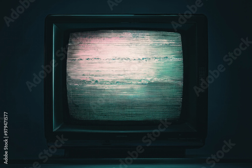 Old tv with a no signal screen, glitches and noise error, vintage colors