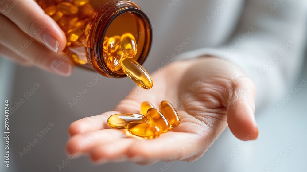 A close-up of a hand pouring golden dietary capsules from a bottle, representing health, wellness, and supplementation. A close-up of a hand pouring golden dietary capsules from a bottle, representing health, wellness, and supplementation.
