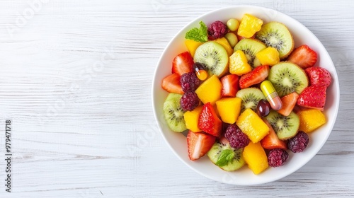 Vibrant fruit salad bursting with colors, featuring kiwi, mango, strawberry, raspberry, and more in a bowl on a wooden background.