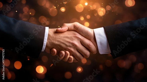 A close-up of two business professionals shaking hands against a glittering background, symbolizing partnership and collaboration.