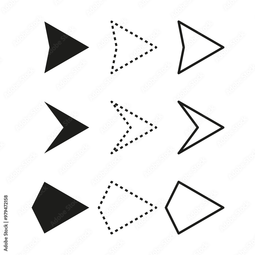Arrow shape set. Dotted and solid triangles. Geometric vector symbols. Minimalist direction icons. Arrow shape set. Dotted and solid triangles. Geometric vector symbols. Minimalist direction icons.
