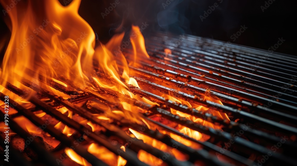 Empty flaming grill grates with open fire, ready for product placement. Background for grilled food with fire. Empty flaming grill grates with open fire, ready for product placement. Background for grilled food with fire.