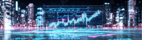 A futuristic financial chart overlays a vibrant cityscape, highlighting trends in data and growth in a modern business environment focused on technology. photo