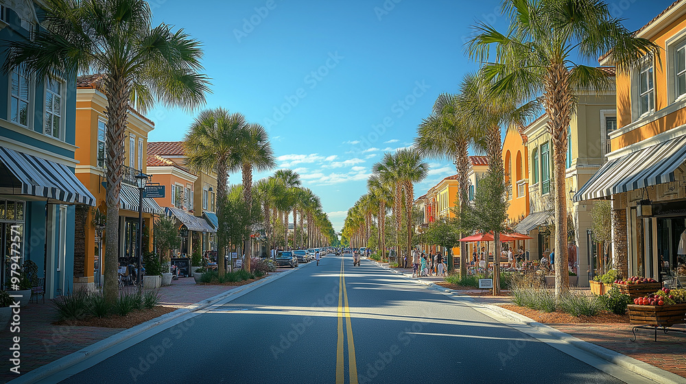 Obraz premium People strolling down a sunny street lined with palm trees and shops
