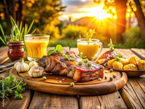 sizzlingsummerafternoon brightcolors woodenpatio rusticoutdoorsetting smokedribs tendermeat garlicbutter brushedgrillmarks warmlight goldenhour sunsetvibes photo