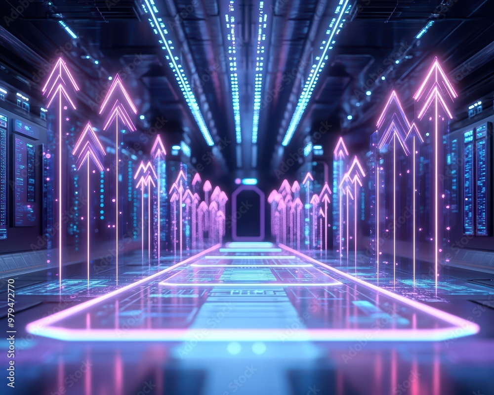 Fototapeta premium A captivating digital corridor featuring glowing arrows and neon lights, creating a futuristic ambiance in a high-tech environment. Ideal for tech-related themes.