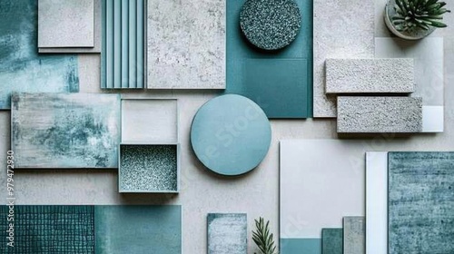 Modern flat lay composition in teal blue, light blue, light gray color palette with textile and paint samples, lamella panels and tiles. Architect and interior designer moodboard. Top view. Ocean photo