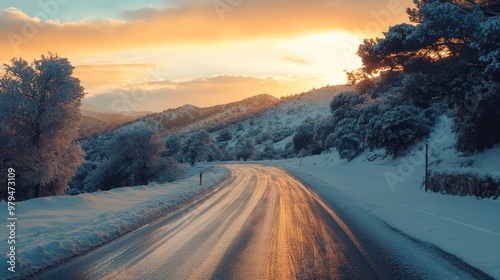 Snowy Mountain Road at Sunset