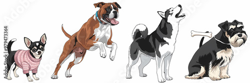 A Chihuahua in a tiny sweater, a Boxer jumping in excitement, a Husky howling at the moon, a Schnauzer carrying a small bone, vector illustration, cutout