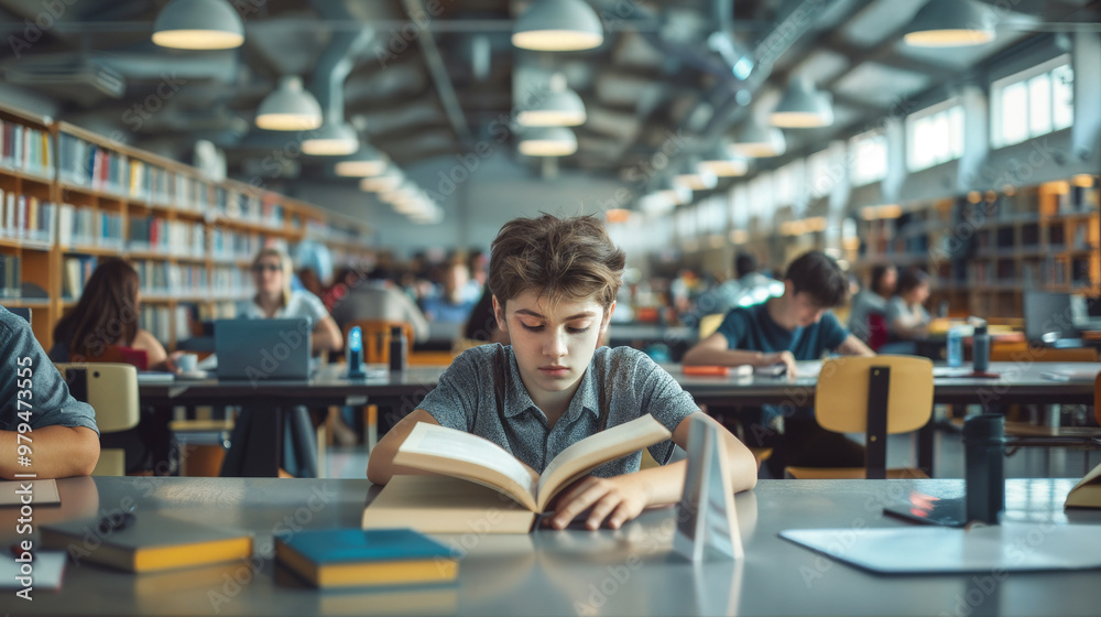 A young man sits in a library, gazing thoughtfully while surrounded by books and other students focused on their work in the background. Student preparing for lectures or exams. A young man sits in a library, gazing thoughtfully while surrounded by books and other students focused on their work in the background. Student preparing for lectures or exams.