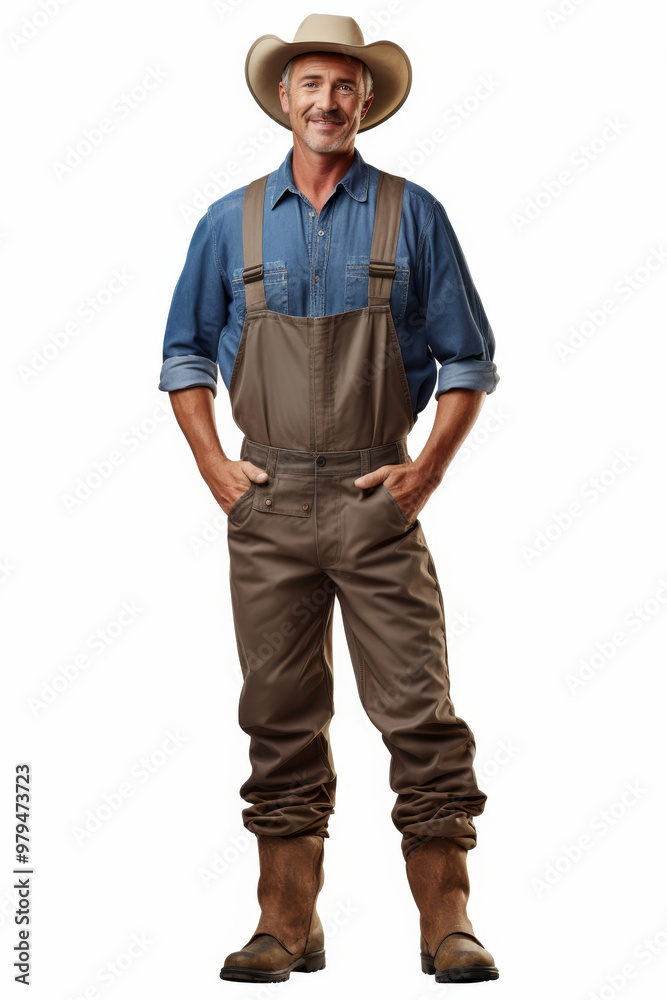 Friendly male farmer in denim shirt and overalls standing with hands in pockets Friendly male farmer in denim shirt and overalls standing with hands in pockets