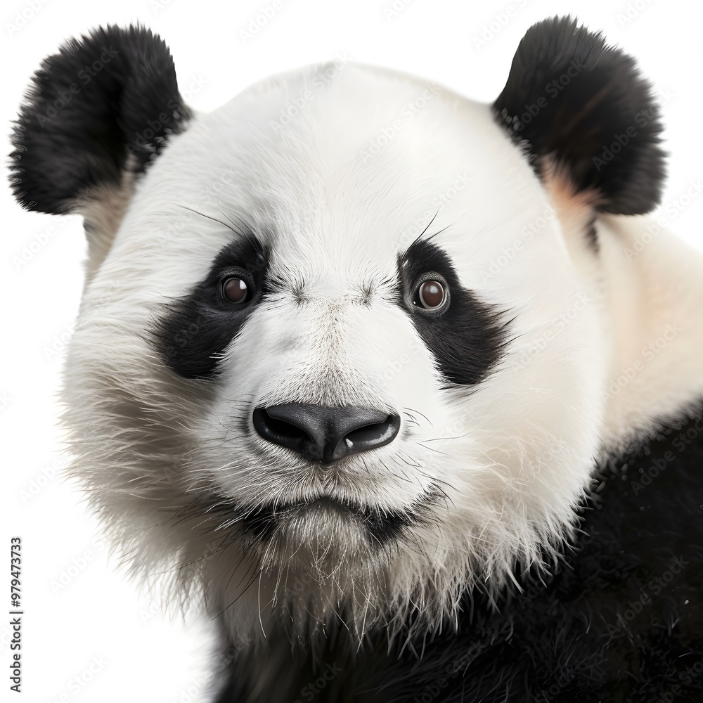 Naklejka premium Close-Up of a Panda's Face, Fur Texture Visible with a Soft, Curious Expression