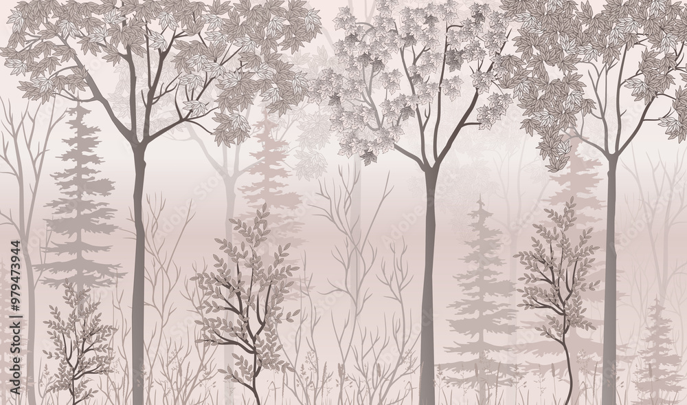 Obraz premium Wallpaper background, painted vector forest in powdery shades. Interior design. The powdery forest.
