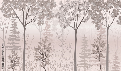 Wallpaper background, painted vector forest in powdery shades. Interior design. The powdery forest. photo