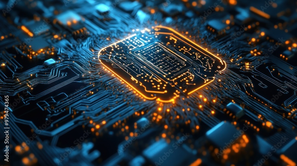 Close-up of a glowing CPU on a circuit board Close-up of a glowing CPU on a circuit board