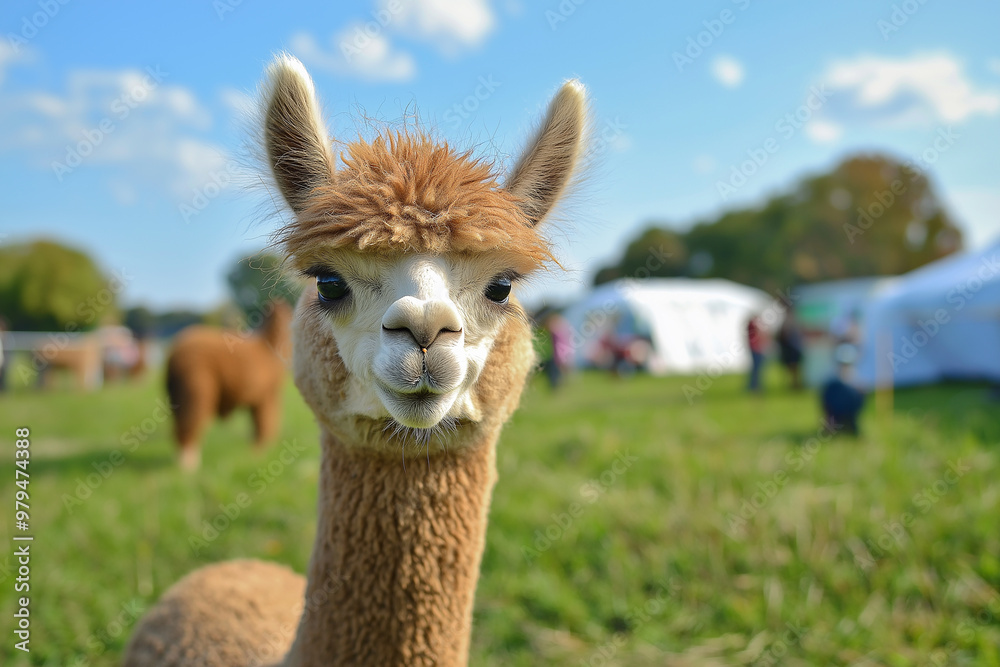 Obraz premium Funny alpaca posing in a field with people attending an agricultural show