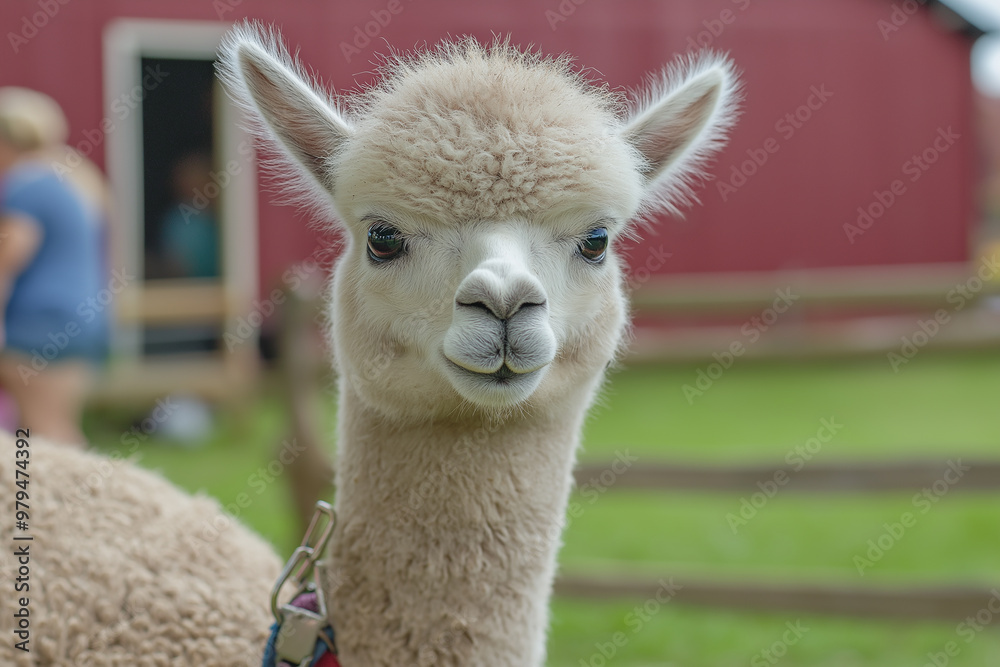 Obraz premium Fluffy white alpaca posing on a farm with red barn
