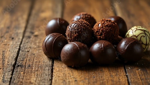 Assorted gourmet chocolate truffles on a wooden surface.