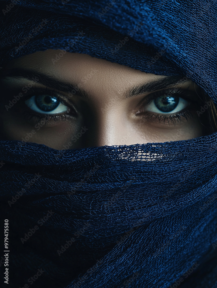 Naklejka premium A woman with blue eyes is wearing a blue scarf over her face
