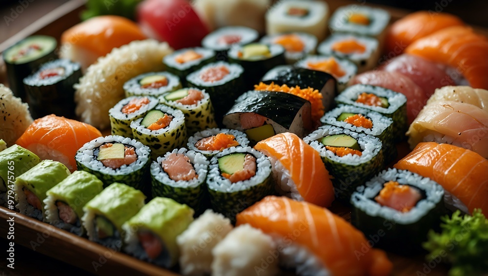 Assorted sushi rolls in a vibrant Japanese spread. Assorted sushi rolls in a vibrant Japanese spread.