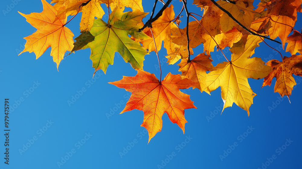 Obraz premium Colorful maple leaves hanging on branch against blue sky