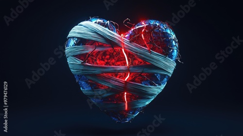 A blue Ä°ce heart wrapped in bandages with white edges, broken and red, illuminated by neon light on black background. Concept of lovecore photo