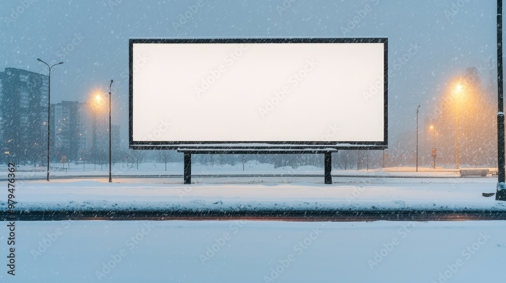 Obraz premium Snow-covered billboard in an urban setting, illuminated by streetlights, bold colors contrasting against the snowy backdrop advertising snow campaign. 3D Illustration