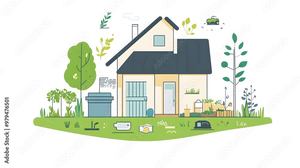Eco-Friendly Modern House with Lush Green Garden and Cozy Outdoor Living Space Eco-Friendly Modern House with Lush Green Garden and Cozy Outdoor Living Space