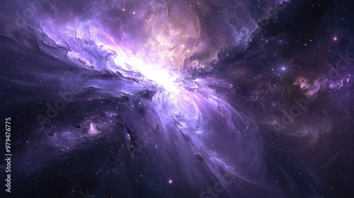 A breathtaking cosmic scene in a vast galaxy where shades of purple and blue dominate the space. The image captures a dramatic, ethereal atmosphere with a sense of wonder and mystery 