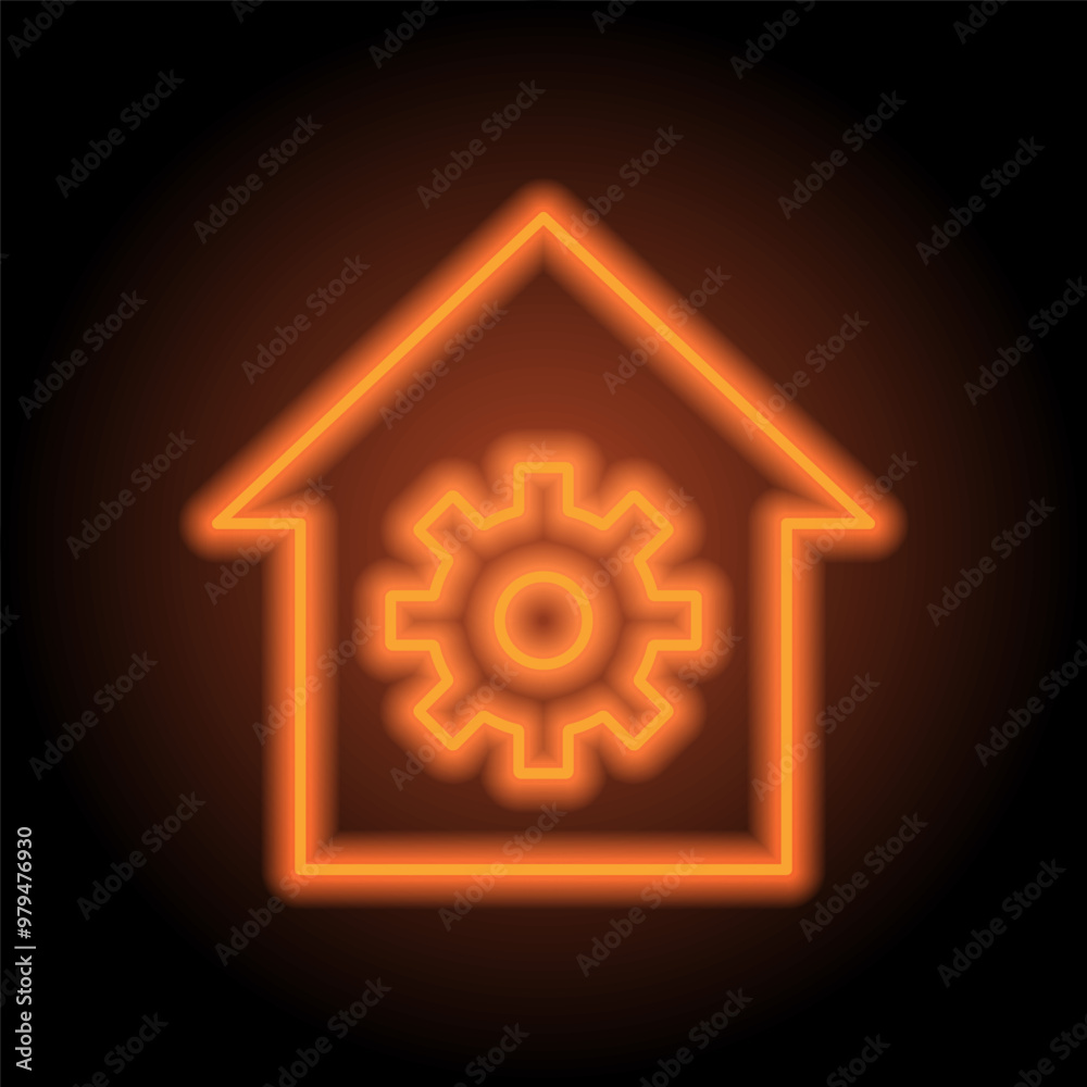 Gear, house simple icon vector. Flat design. Orange neon on black background Gear, house simple icon vector. Flat design. Orange neon on black background