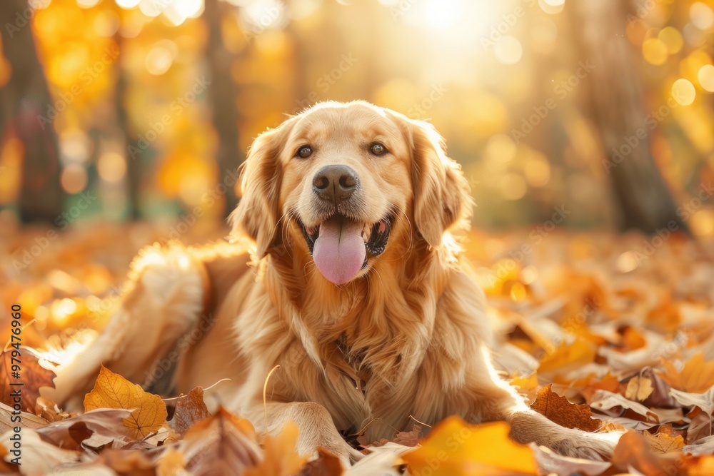 Happy Golden retriever lay on maple leafs and fall autumn outdoor leaves. Happy Golden retriever lay on maple leafs and fall autumn outdoor leaves.