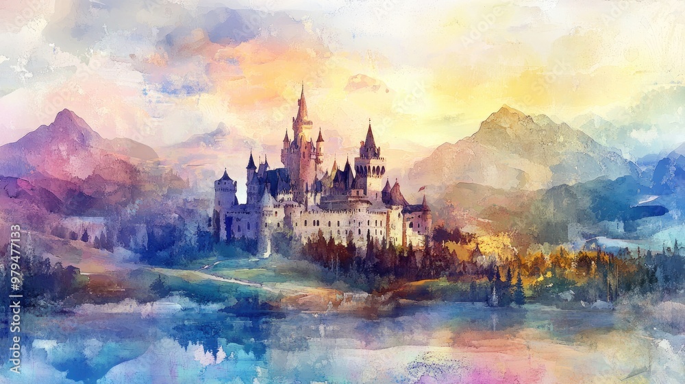 Fototapeta premium A picturesque castle painted in soft watercolor, surrounded by fantasy elements like rolling hills and glowing skies.