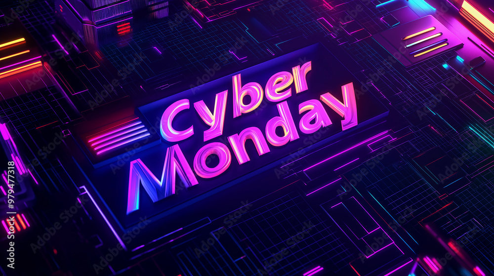 Cyber monday neon sign glowing on circuit board background Cyber monday neon sign glowing on circuit board background