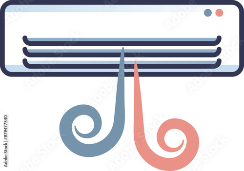 Illustration of an air conditioning unit with blue and red airflow, symbolizing cooling and heating functions.