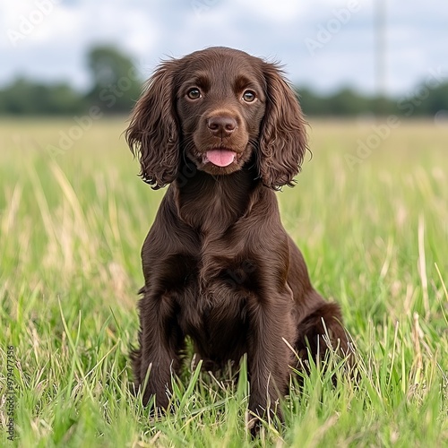 A chocolate brown dog sitting upright in a green grassy field, with an overcast sky in the background.